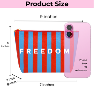 Freedom Tyvek cosmetic bag size comparison graphic with phone reference and dimensions