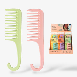 Pastel green and pink wide-tooth shower combs with hook handles by Lemon Lavender, designed for detangling wet hair gently and preventing breakage.