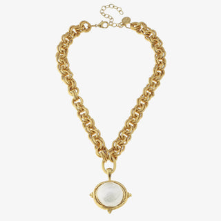 Gold chain necklace with large cotton pearl pendant and adjustable clasp