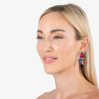 Laguna statement earrings with multicolor crystals in a gold-tone layered statement design