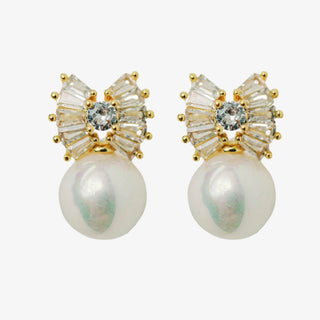 gold pearl bow drop earrings with crystal detail elegant front view