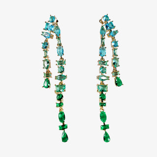 Blue green ombre crystal drop earrings statement long dangle front view