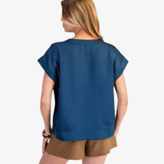 Deep teal satin v-neck blouse with short sleeves and relaxed fit