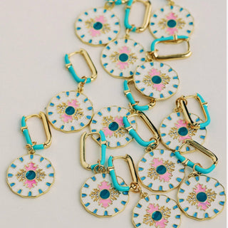 Capri tile charm earrings with turquoise enamel hoops and colorful coastal tile charms front product view