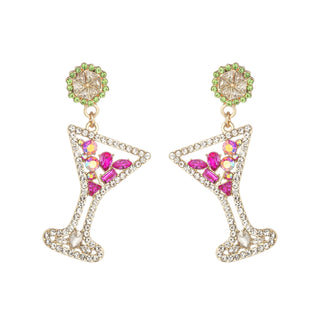 Rhinestone Martini Earrings with pink and green crystal cocktail design