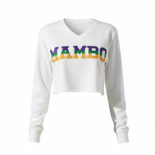 White sweatshirt with 'MAMBO' in colorful letters on a white background