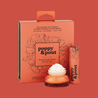 Poppy & Pout lip care products on an orange background