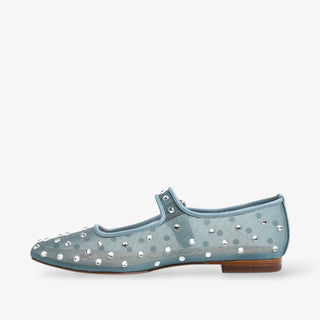 Blue flat shoe with pearl embellishments on a white background