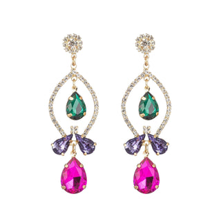 Colorful statement earrings with green, purple, and hot pink teardrop stones and gold crystal detailing
