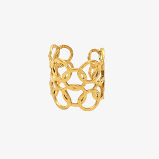 Adjustable gold geometric ring with open linked circle design