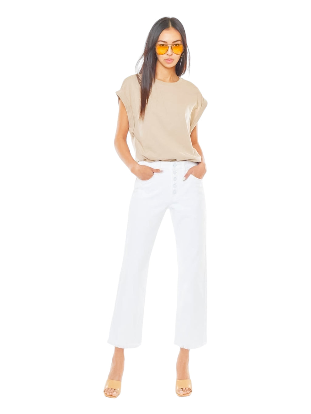 KanCan Kinlee White Jeans with a high rise, straight leg, button fly, and frayed hem perfect for a chic and versatile wardrobe essential.t 