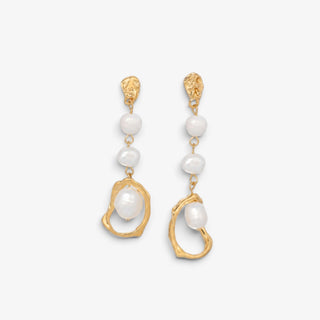 Alexa pearl drop earrings with white pearl beads, textured gold-filled tops, and irregular open gold-tone drops for dressy outfits, front view.