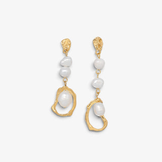 Alexa pearl drop earrings with white pearl beads, textured gold-filled tops, and irregular open gold-tone drops for dressy outfits, front view.
