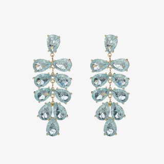 Ambre Green Statement Earrings with gold hardware and aqua teardrop crystals, elegant chandelier-style earrings for formal occasions.