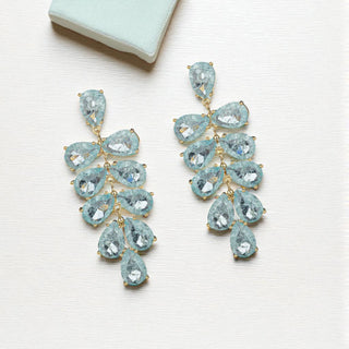 Ambre Green Statement Earrings with gold hardware and aqua teardrop crystals, elegant chandelier-style earrings for formal occasions.
