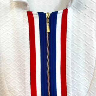Americana Zip Front Dress red white and blue stripe trim with gold zipper detail close-up view