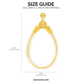 Gold bibi all weather earrings with size guide on a white background