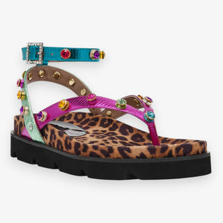 Betsey Johnson Conley metallic multi T-strap sandal side view with rhinestones and leopard print flatform sole