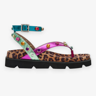 Betsey Johnson Conley metallic multi T-strap sandal with rhinestones and leopard print flatform sole