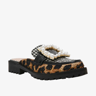 Black sandal with leopard print strap and pearl embellishments on a white background