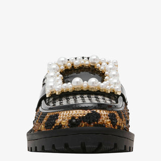 Leopard print sandal with pearl embellishments on a white background