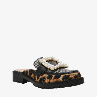 Betsey Johnson Grayce Mule in leopard with pearl buckle and crystal embellishments, a bold statement loafer with chunky black lug sole.