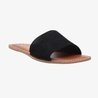Black sandal with brown sole on a white background