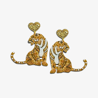 Beaded gold tiger statement earrings with glitter heart studs for LSU game day front view