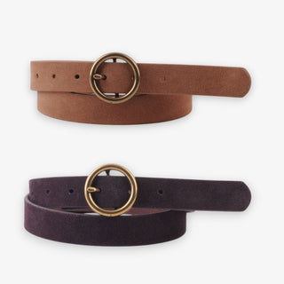 Two brown suede belts with gold rings on a white background