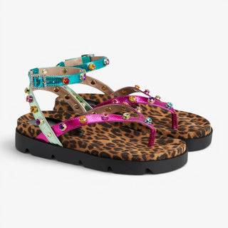 Betsey Johnson Conley metallic multicolor sandal with rhinestones and leopard print 
