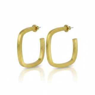 Betty Carre brushed gold square hoop earrings with geometric shape and matte finish front view on white background