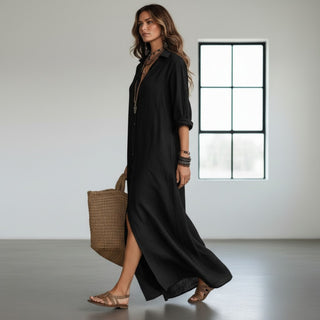 Black maxi shirt dress with button-front design and side slit detail side view