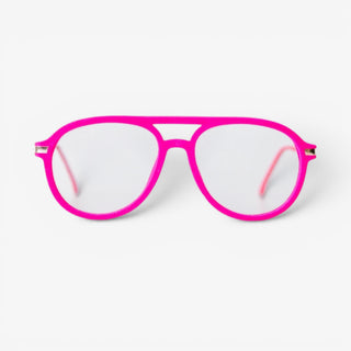 Front view of EyeJets Mykonos pink velvet blue light reading glasses with aviator frame and bright pink finish.