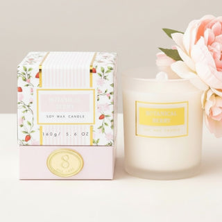 botanical berry soy candle with frosted glass jar and floral berry gift box 8 oak lane 5.6 oz staged with peony flowers
