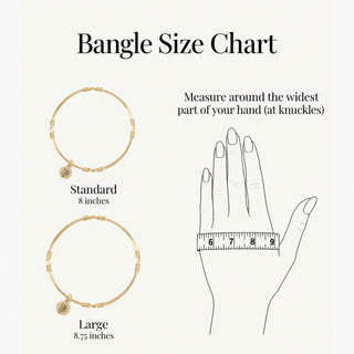 Bourbon and Boweties bangle size chart with hand measurement instructions for Standard 8-inch and Large 8.75-inch gold bangles.