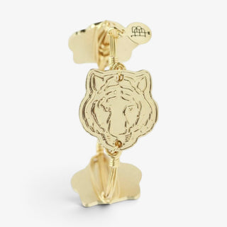 Bourbon and Boweties gold Tiger Bangle Bracelet featuring a detailed tiger head centerpiece for LSU game day, side view