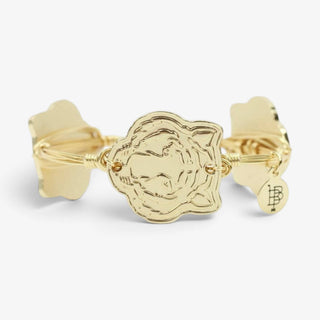 Bourbon and Boweties Tiger Bangle Bracelet in gold-plated copper wire with three tiger castings for LSU game day, front view