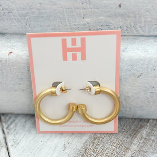 Hoo Hoops brushed gold earrings small size with chunky matte finish on pink jewelry display card front view