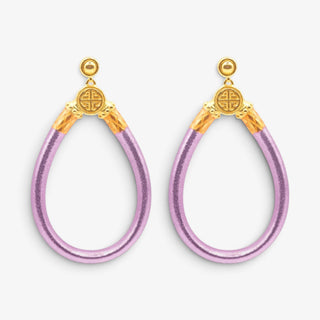 BudhaGirl All Weather Earrings in Lila purple with gold-tone stud and teardrop hoop design, front product view.