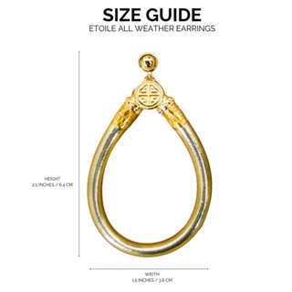 BudhaGirl Etoile All Weather Earrings size guide showing 2.5-inch drop length and 1.5-inch width, muted metallic gold teardrop earrings with gold-tone accents