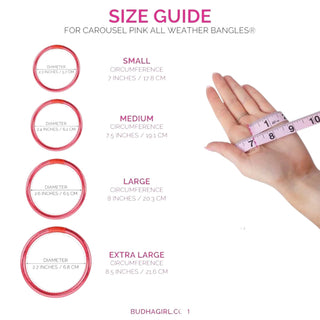 Size guide for Carousel Pink All Weather Bangles with hand and measuring tape illustration.