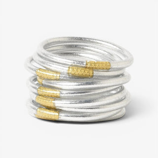 BudhaGirl Silver All Weather Bangles set of six with metallic silver finish and gold accent beads, stacked bracelet view on light background.