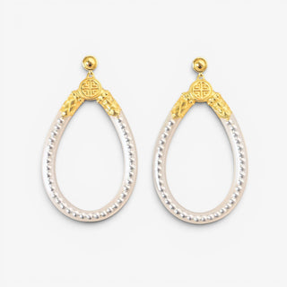 BudhaGirl Silver Bibi All Weather teardrop earrings with gold accents and silver beaded detail, front view on light background.