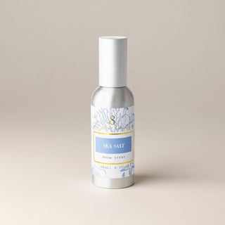 Sea salt room spray silver bottle coastal fragrance blue label front view