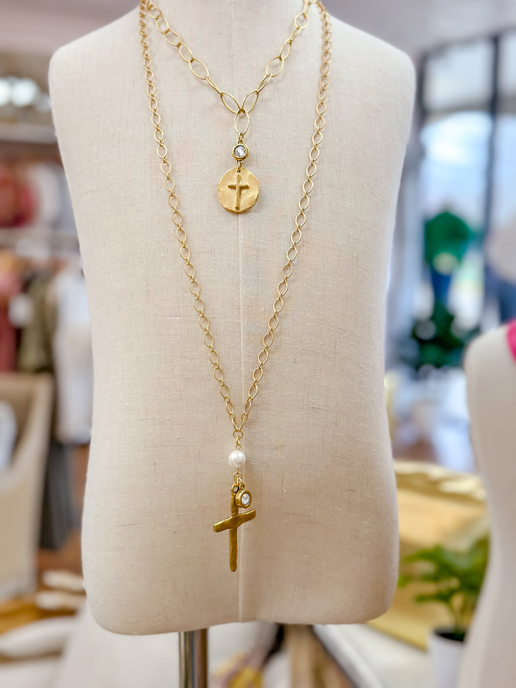 Gold necklace with CZ drop and 3D raised cross pendant- Kitzi CZ Cross Necklace