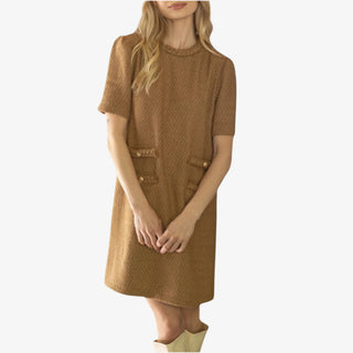 Evelyn Tweed Dress in Camel with short sleeves and gold button front pockets.
