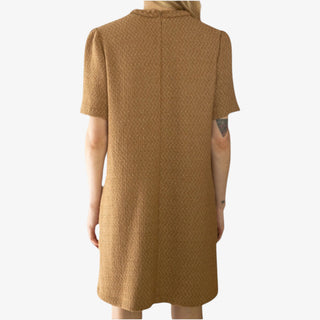 Evelyn Tweed Dress in Camel with short sleeves and gold button front pockets.