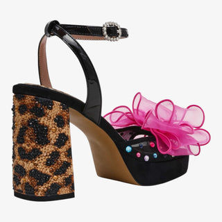 Betsey Johnson Palloma Heel with pink organza bow, jeweled ankle strap, and leopard block heel platform sandal for statement style.