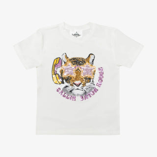 Callin Baton Rouge sequin tiger graphic tee with purple and gold star sunglasses design