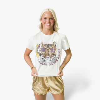 Callin Baton Rouge sequin tiger graphic tee with purple and gold star sunglasses design